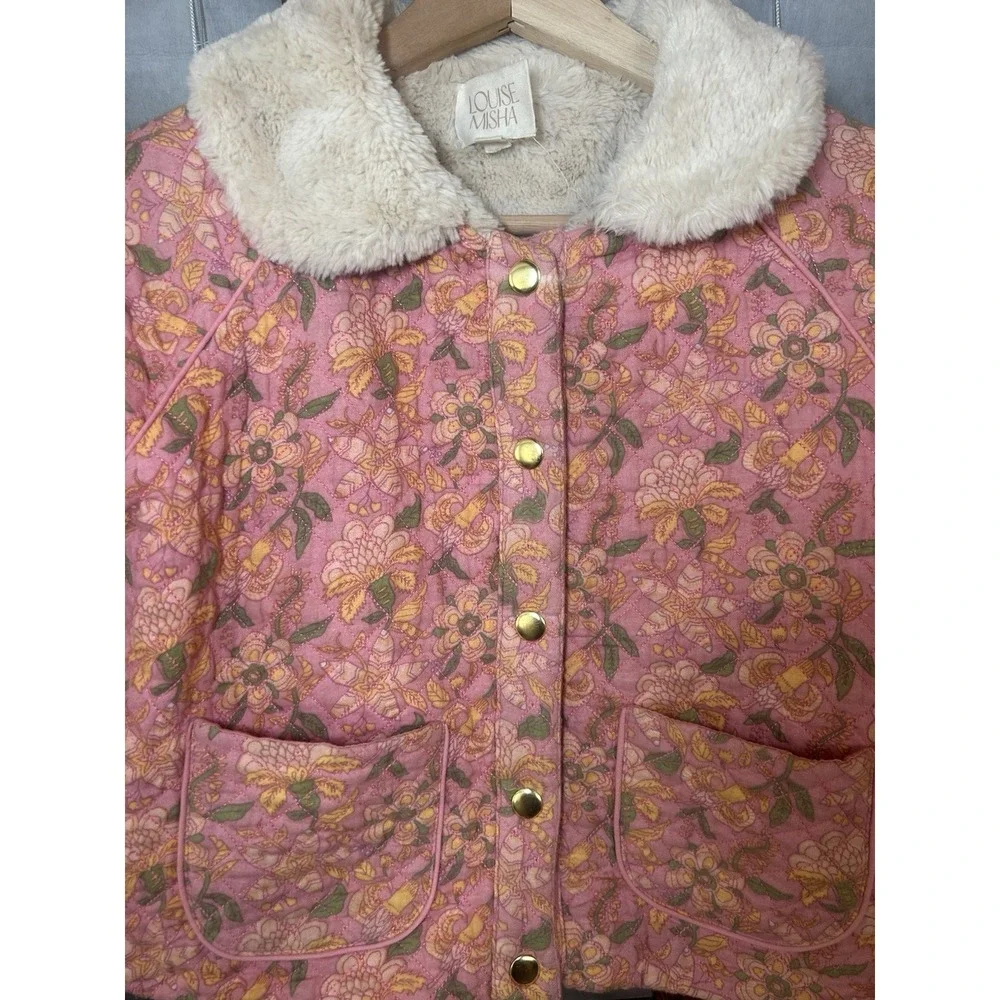 Louise Misha Jasmina Quilted Floral Jacket with Faux Fur Collar - Pink